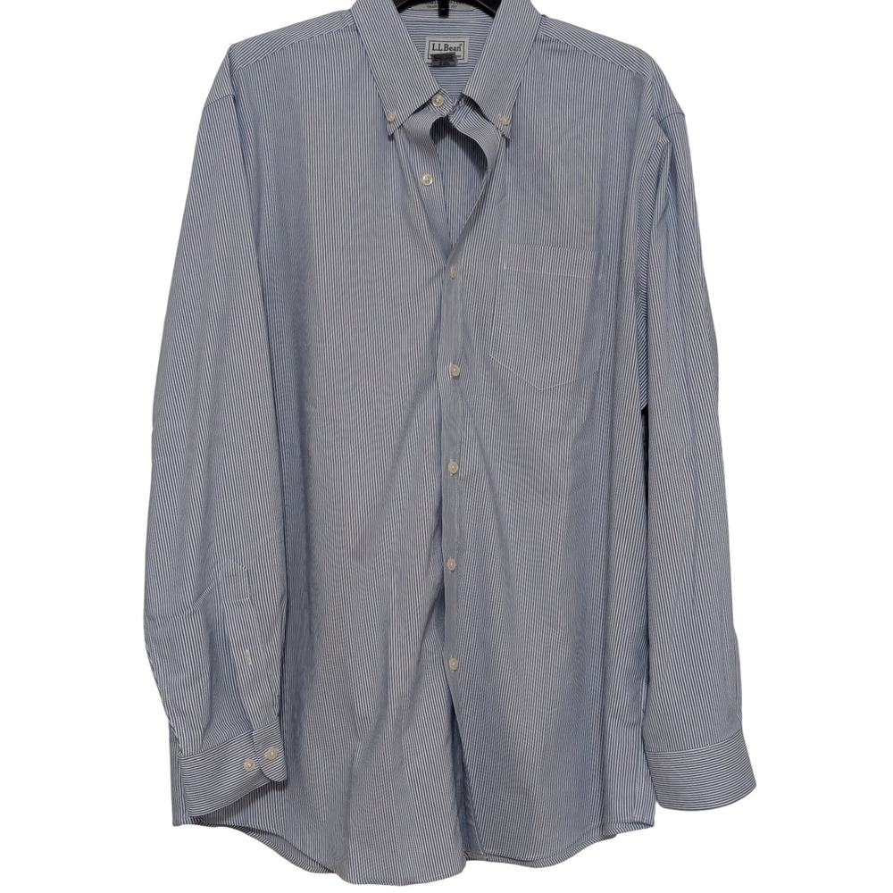 LL Bean Men's Button Down Shirt Blue Stripe Wrinkle Resistant Traditional Fit L